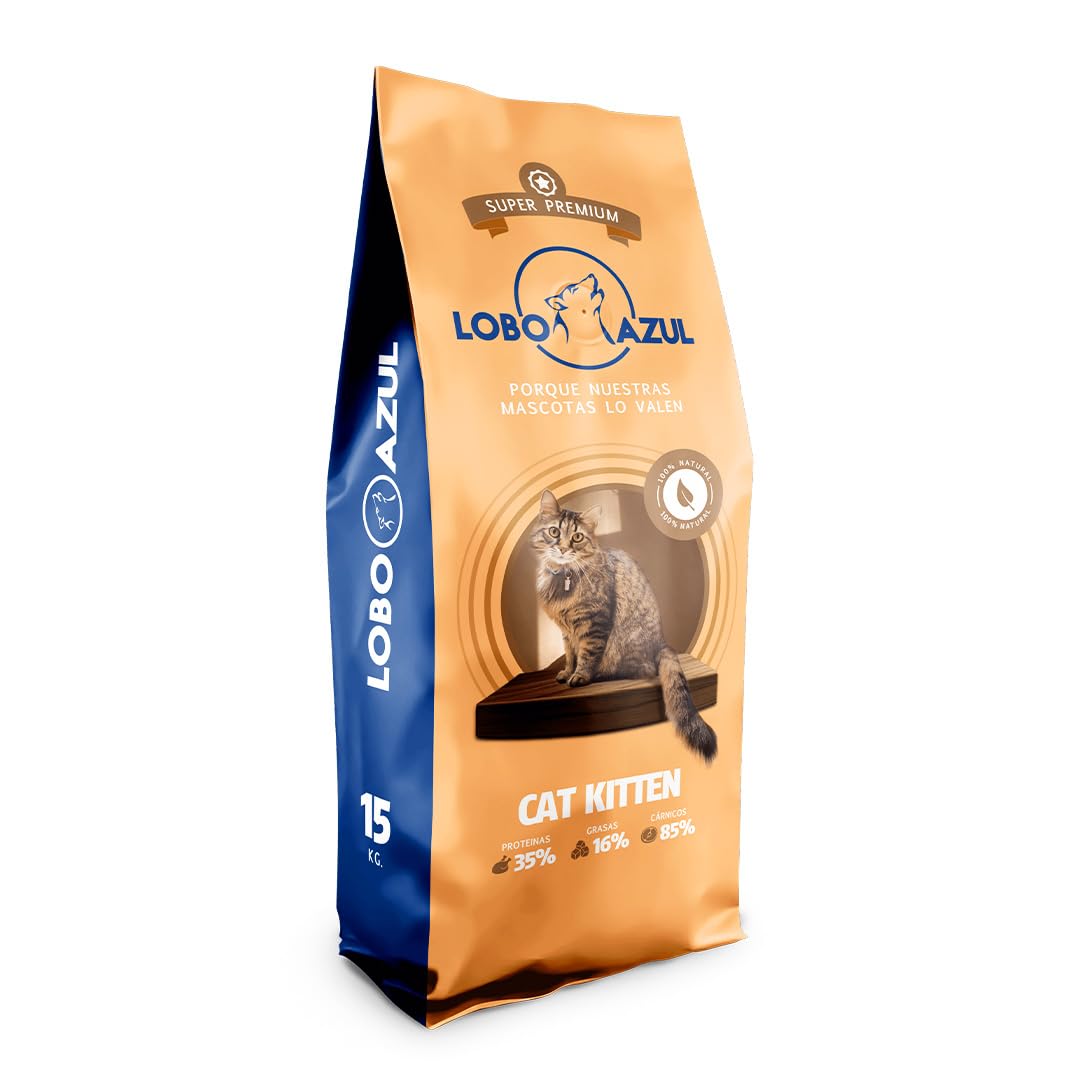 Pienso para Gatos Kitten Sin Gluten - Comida Natural para Gatitos Bebés - con Pollo, Pavo y Salmón - 15kg - Lobo Azul Kitten
