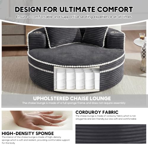 Image of Oversized Round Chair Lounge Chaise Indoor, 54.3 inch Upholstered Corduroy Deep Seat Single Cloud Sofa Chair with Cup Holder, Modern Large Circle Boneless Sleeper Sofa for Living Room, Dark Grey