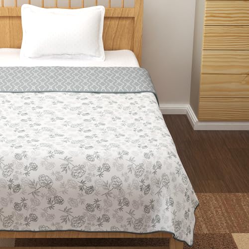 Image of Story@Home Dohar Single Bed Cotton 100% | 150GSM 144 x 220 CM Quilt AC Blanket for Summer | AC Comforter Single Bed | White & Grey, Floral & Moroccan Reversible Design Duvet | All-Season Blanket