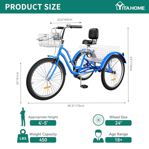 Yitahome MAYIHBUHXN Adult Tricycle, 24 & 26 Inch 3-Wheel Bikes, 1 & 7 Speed Trike For Adults, Low Step-Through Cruiser Bike thumb #1