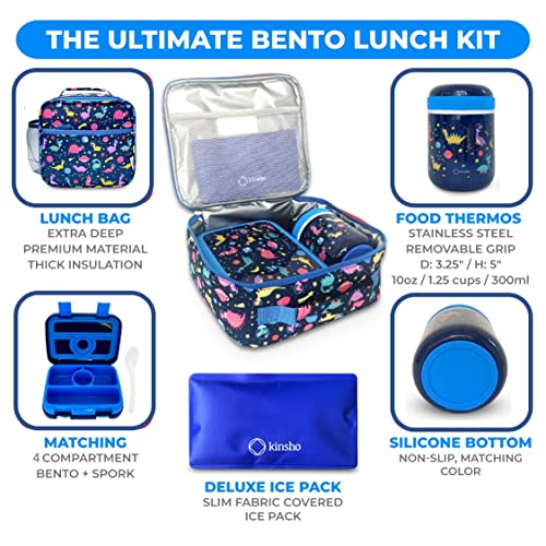 Image of Dinosaur Bento Lunch Box for Boys with Thermo Stainless Steel Food Jar for Hot Food Soup, Insulated Dinosaur Lunch Bag and Ice Pack Set, Kids Container Boxes with 4 Compartments, Blue Space Dino