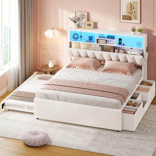 ADORNEVE Full Bed Frame with 6 Drawers and Trundle Full Trundle Bed with Storage Headboard and LED Lights Velvet Platform Bed for Small Apartment Guest Room No Box Spring Needed Cream
