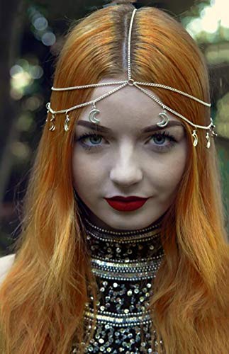 Chargances Women Halloween Head Chain Headband Gold Star and Moon Laying Head Chain Boho Forehead Headpiece Hair Jewelry Accessories for Bride Festival Hair Accessories for Women and Girl