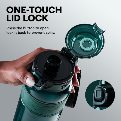 Image of Hundred Rock 1 Litre Water Bottle | 1000ml / 34oz | BPA Free | One Key Open Safety Lock | Spill and Leak Proof Sports, Travel, Gym Bottle (Alpine Green /Green)