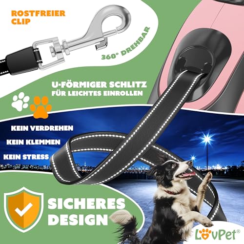 LOVPET® Hunde Rollleine 5m | Hundeleine für kleine & große Hunde 50kg | Ausziehbare Leine ergonomischer & Rutschfester Griff | Joggingleine 360° Leinenverlängerung | Laufleine Reflektierenden Maschen