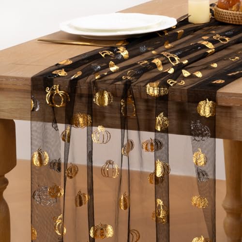 Image of MLMC Fall Pumpkin Table Runner Black Sheer Gauze Foil Table Runner, 3PC