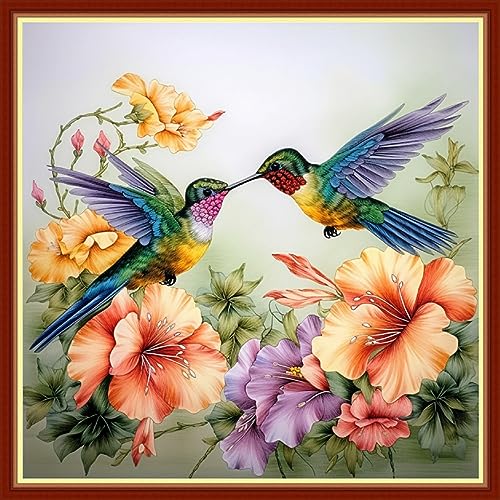Image of Foxhool Beginners Cross Stitch Kits Stamped Full Range of Embroidery Kits for Adults DIY Cross Stitches kit Embroidery Patterns for Needlepoint kit-Hummingbirds Gather Honey 17.7x17.7 inch