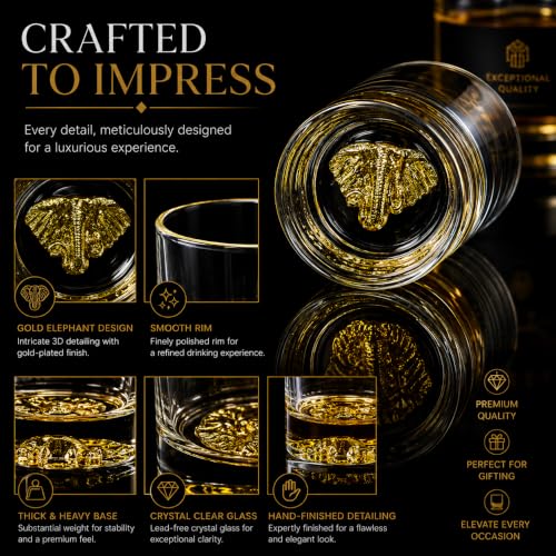 Image of Melbify Elephant Whiskey Glass | Set of 4 | 300 ml| Whiskey Glass Gift Set| Golden Whiskey Glasses|Big| Unique| Broad |Thick| Premium |Thick Bottom | Premium | Speciality Whiskey Glass | Gold Plated