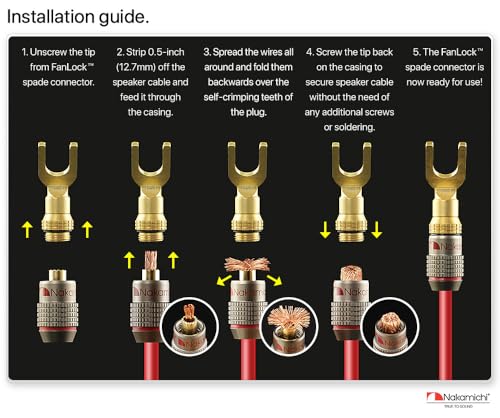Image of Nakamichi FanLock Excel Series 24k Gold Plated Spade Connector Banana Plug 10 AWG - 18 AWG Gauge Size 4mm for Speakers Amplifier Hi-Fi Home Theatre Wire Cable Quick Connector, 4 Pcs (2-Pairs) | Excel Series, Gauge Size 4mm for Speakers Amplifier Hi-Fi Stereo Radio AV Audio Wire Cable Quick Connector, 4 Pcs (2-Pairs)