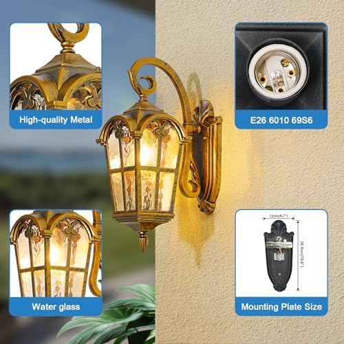 17.1" H Gold Outdoor Wall Lights - Waterproof & Anti-Rust Aluminum Porch Light Wall Mount, Hammered Exterior Lighting Fixtures, Outside Wall Lantern for Patio, Hallway, Doorway, Garden