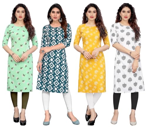 Image of JAKHANA Women's Crepe Printed Casual Straight Calf Length Round Nick Kurta Pack of 4