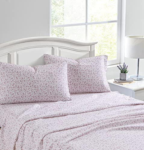 Image of Laura Ashley - Flannel Sheets Queen Size, Anti-Pilling & Wrinkle Resistant Cotton, Touchably Soft for All-Season Comfort - Bed Sheets with Matching Pillowcases & Fitted Sheet (Paisley Prance Pink)