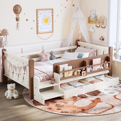 Bellemave Base de cama individual para niños con cajones de almacenamiento y estanterías, cama Montessori de madera maciza con barandillas de