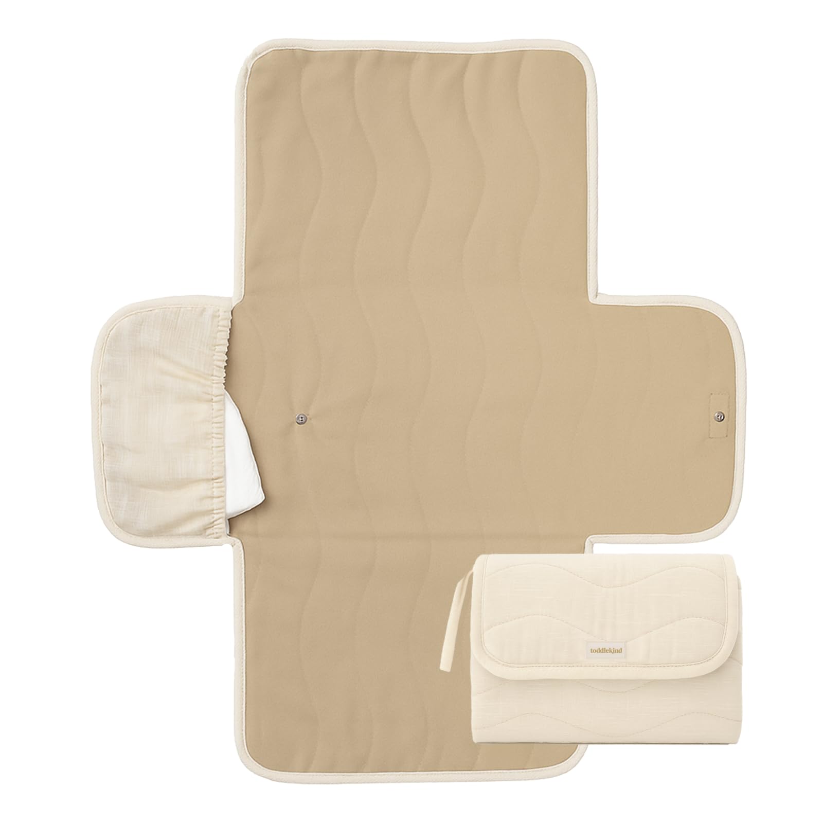 Toddlekind Portable Changing Pad โ Organic Cotton & Water-Resistant Polyester โ Travel-Friendly, Foldable Change Mat โ Tofu Beige Stripes with Wave Stitching โ Chic, Durable, Easy to Clean