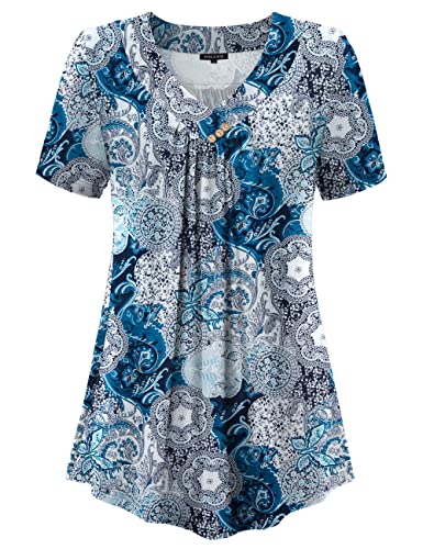 FOLUNSI Women’s Plus Size Short Sleeve Henley Shirt V Neck Floral Blouses Tunic Tops M-4XL
