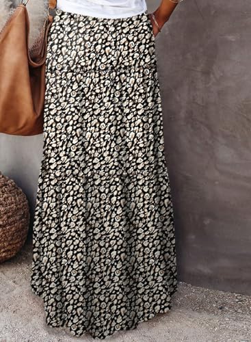 Image of Happy Sailed Womens Floral Print Boho Maxi Skirt Elastic High Waist Pleated Ruffle Flowy Long Skirts S-XL