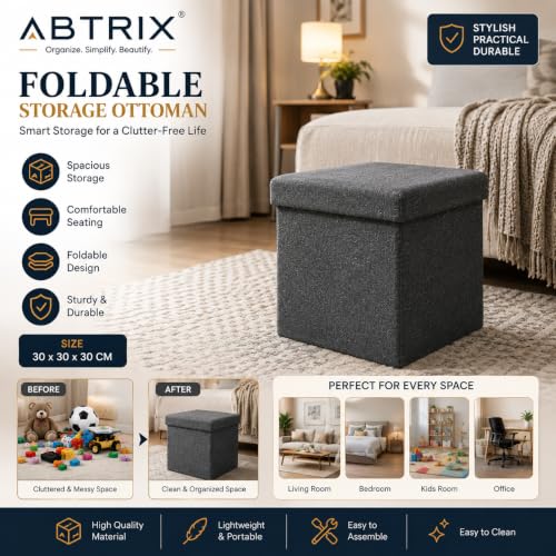 Image of ABTRIX WITH AB Comfy Cube Ottoman Stool, Stylish Multipurpose Footrest & Seating Pouffe for Living Room & Bedroom, 22L Capacity, Padded (30X30X30 cm, Grey)