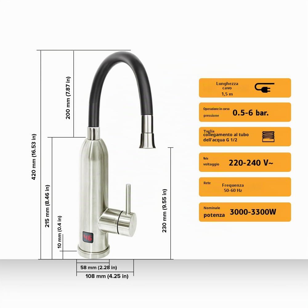 HOGART Rubinetto Elettrico Con Scaldabagno 230 V - Smart Heater Istantaneo per Cucina, Giardino, Bagno, Roulotte, Campeggio
