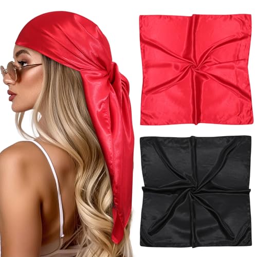 CHLINS 35 Large Head Scarf for Women Satin Hair Scarf 2Pcs Square Silk Head Scarf Bandanas Hair Wrapping Neck Scarf