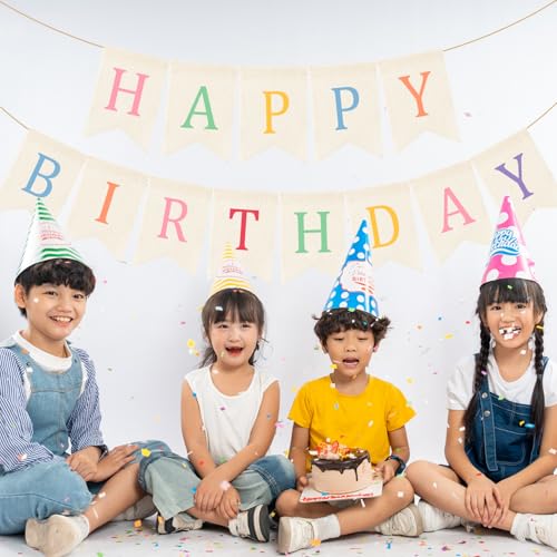 Image of Doumeny Happy Birthday Burlap Banner Boho Birthday Bunting Garland Pastel Bohemian Sign Party Banner White Hanging Garland Rainbow Birthday Bunting Falg for Home Mantel Fireplace Nursery Backdrop