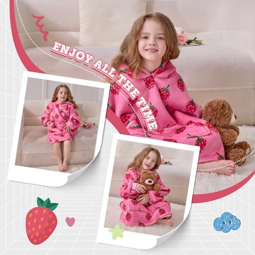 MIZZEO Kids Wearable Blanket Hoodie, Oversized Sherpa Wearable Blanket with Hood Pocket and Sleeves for Toddlers, Cute Hoodies 2-6 Year Old Girls Youth Birthday Gifts (Strawberry)