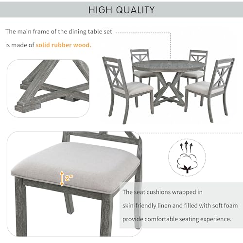 Image of 5-Piece Extendable Dining Set, Retro Kitchen Table for 4 6 People with Removable Middle Leaf and 4 Upholstered Chairs, Round Dining Table for Kitchen, Dining Room, Grey