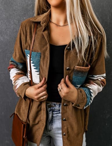 Perbai Womens Corduroy Flannel Shirt Long Sleeve Button Down Aztec Loose Shacket Jacket with Pockets2