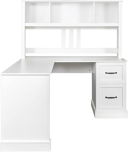 Miniatura 7 de Bellemave Escritorio para computadora en forma de L con gabinete, escritorio de oficina en casa con cajones y estantería, escritorio de esquina,