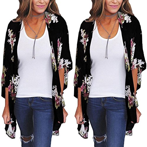 Tootu Women Chiffon Loose Shawl Print Kimono Cardigan Top Cover Up Blouse Beachwear (S, Black)