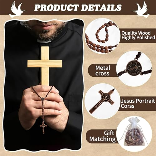 Image of Bovemee Saint Benedict Medal Prayer Pocket Rosary Catholic Brown Wood Beads with Medalla de san benitol and Crucifix, 9 Inch