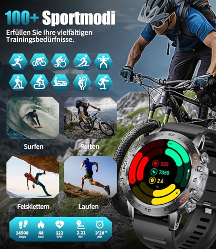 LIGE Smartwatch Herren Militär mit 530mAh Akku, 1.43'' AMOLED Sportuhr mit Telefonfunktion(3 Bänders), Herzfrequenz, SpO2, Schlafmonitor, IP68 Wasserdicht 120+ Sportmodi Fitnessuhr für Android iOS – Bild 6