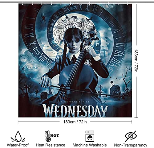 Wednesday Adams 4 Stück Duschvorhang Sets,enthalten Anti-Rutsch-Teppich,Toilettendeckel Abdeckung, Badematte Und Duschvorhang Wasserdicht Mit 12 Haken Für Bad (W1,90x180CM) – Bild 3