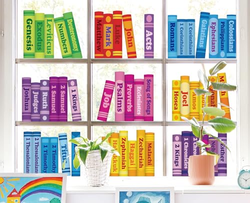 Image of Whaline 9 Sheet Books of the Bible Window Clings Back to School Jesus Faith Book Reusable Window Decals for Classroom Church Sunday School Christian Home Decor