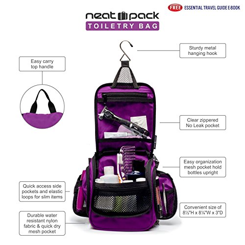 Compact Hanging Toiletry Bag and Organizer, Water Resistant with Mesh Pockets (Eggplant)