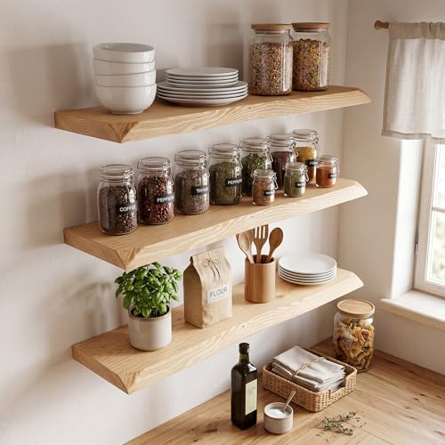 Image of 32 Inch Floating Shelves for Wall Decor, 88lbs Solid Spruce Wood Live Edge Floating Shelves, 8 inch Deep Rustic Wall Shelf for Bathroom Kitchen Bedroom Living Room, Invisible Bracket, Natural(Set of 2)