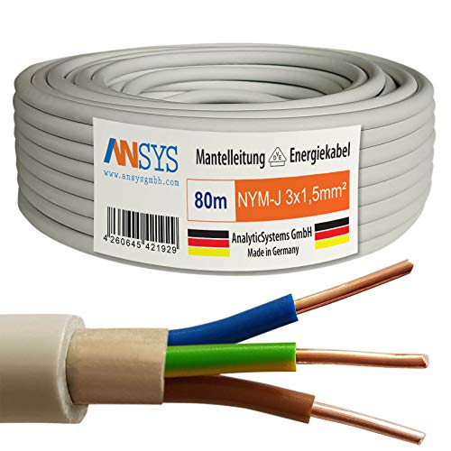 TechMech 80m NYM-J 3x1,5 mm² Mantelleitung Feuchtraumkabel Elektrokabel Kupfer Made in Germany