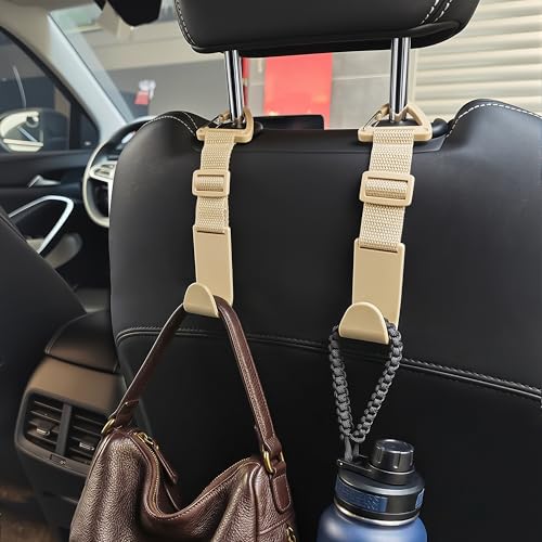 Image of Amooca 4 Pack Anti-drop Headrest Hooks Adjustable Car Seat Organizer | Universal Fit with Clip, Hanger for Backpack Umbrella Water Bottle Coat Purses Handbags Groceries, 40lb Heavy Duty, Beige