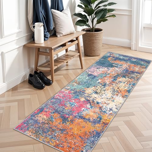 2x6 Hallway Washable Runner Rug - Modern Abstract Stain Resistant Rug Runner for Kitchen Home Indoor Mat for Laundry, Bedroom Non Slip Thin Super Soft Room Decor Floor Carpet 2x6 Colorful/Multi