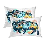 Batmerry Navy Blue Tribal Buffalo Pillowcases,Tribal Decorative Bed Pillowcases Digital Printing Blended Fabric Bedroom Set Hidden Zipper on Short Side 20X26 in