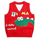 Kinder Jungen stylischer Cartoon-Dinosaurier-Strickpullover mit V-Ausschnitt ärmellose warme Pullover-Pulloverweste für Freizeitkleidung