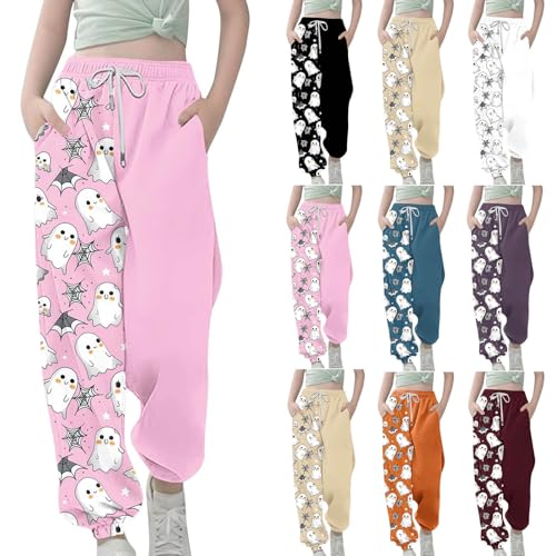 Girls Cute Ghost Print Sweatpants Kids Drawstring Joggers Athletic Halloween Track Pants with Pockets for 3-13 Years2