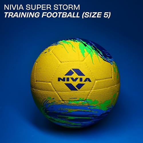 Image of Nivia Super Storm Football for Men, Training Ball, Durable Rubber Cover Molded, Butyl Threadwounded Bladder, to Play On Hard Ground and Artificial Turf (Yellow, 5)
