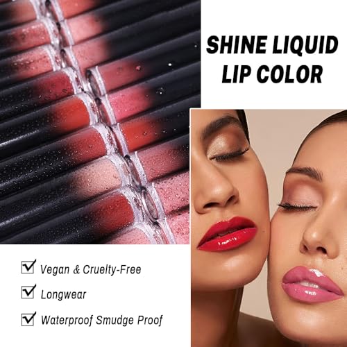 Image of evpct Cool Ruby Red Shiny Longwear No-Budge Liquid Lip Color Lipstick Makeup, Highly Pigmented Color Instant Shine, Waterproof Long Lasting Lipstick Women, Lip Stain Gloss with Lip Liner Brush, 15#