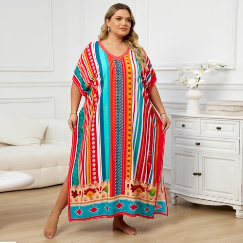 Image of KECVOT Kaftan Dresses for Women V-Neck Print Swimsuit Cover Up Plus Size Beach Caftan Lounge Dress