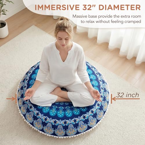 Codi Meditation Floor Pillow, Round Large Pillows Seating for Adults, Bohemian Mandala Circle Cushion for Outdoor Fireplace Yoga Living Room, 32 Inch, Memory Foam Added, Navy