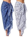 Chicplaid 2 Pcs Blue Fish Print Women Sarong Swimsuit Cover up Indian Block Print Long Pareo Beach Wrap Chiffon Swimwear Bikini Suit Wrap Skirt Summer Outfits 44”x72”