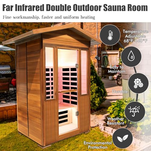 Image of 2 Person Outdoor Sauna Infrared Saunas Dry Sauna Room 120V Red Cedar and Okoume Wood Wooden Sauna Spa 1800W APP Control 7 Color Light 48.8 * 37 * 87.4inch