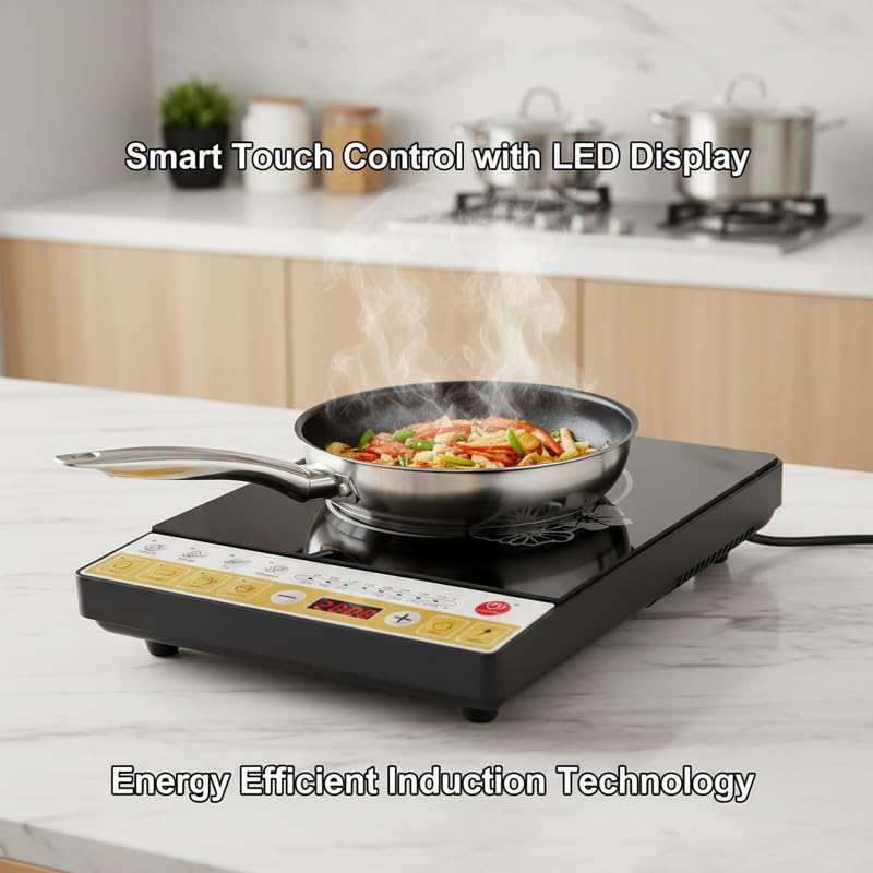 Image of Drumstone (15 Years Warranty) 2000W Electric Induction Cooktop - Portable Induction Stove with LED Touch Panel, Crystal Glass Cooktop for Kitchen Use