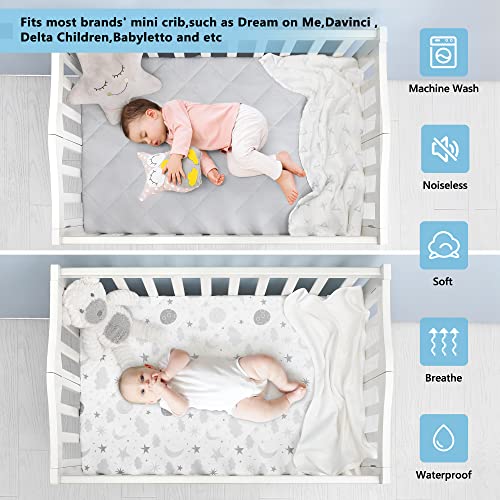 Tillyou 2 Pack Waterproof Pack N Play Sheets Fitted Quilted, Breathable Soft Thick Play Yard Playpen Sheets, 39"X27"X5" Fits Mini/Portable Crib Mattress Pad,Starry Sky Print & Light Grey #TOP5