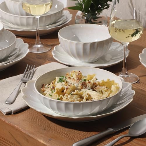 Image of Gibson Elite Malibu Shore 16 Piece Scallop Stoneware Reactive Glaze (Service for 4) Ceramic Plates and Bowls Dinnerware Set - Shiny Cream White